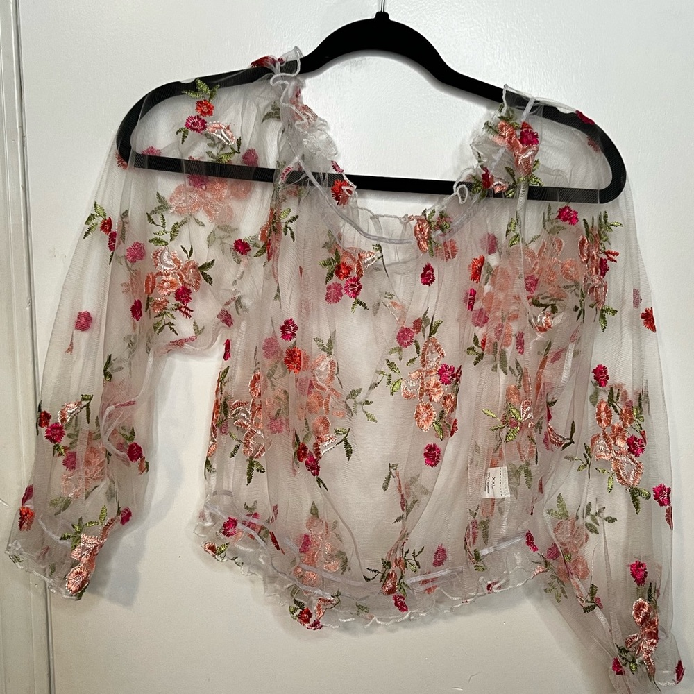 Floral Embroidered Sheer off shoulder Top